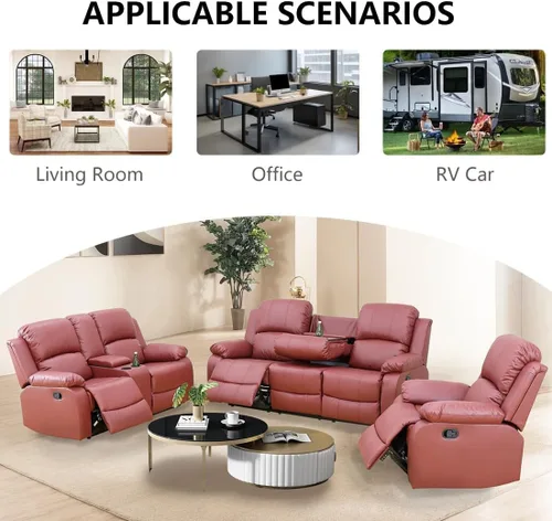 Vista 7 de Juego de sala de Estar reclinable de 3 piezas, juego de sofá reclinable Manual para conjunto de muebles de sala de Estar, con consola de Rojo