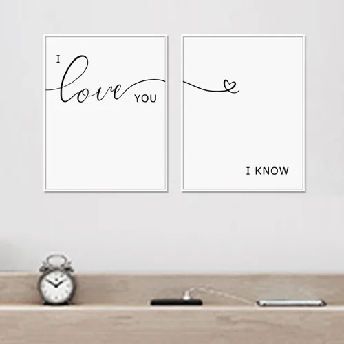 Vista 3 de I Love You I Know, decoración sobre la cama, juego de 2 impresiones, arte sobre la cama, letreros sobre la cama, impresión romántica con cita sobre