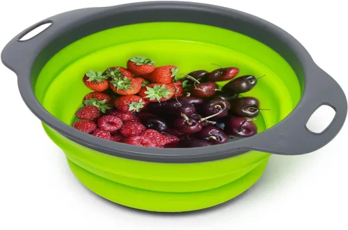 Vista 7 de Juego de 2 coladores plegables de silicona, de grado alimenticio, perfecto para drenar pasta, verduras y frutas (verde)
