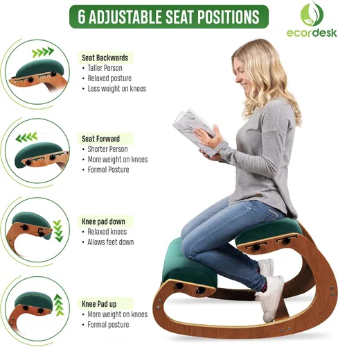 Vista 4 de Silla ergonómica, asiento ajustable, silla de oficina para escritorio, corrector de postura, cojín cómodo de alta calidad, mecedora de madera (verde)