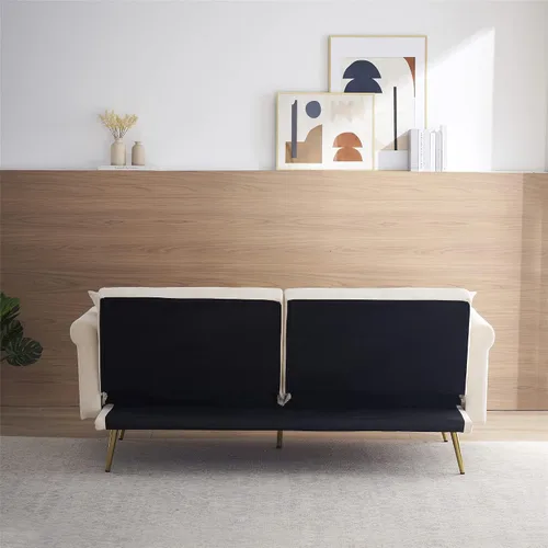 Vista 7 de Sofá cama tapizado de terciopelo, sofá cama convertible con dos almohadas para sala de estar, dormitorio, oficina en casa (beige)