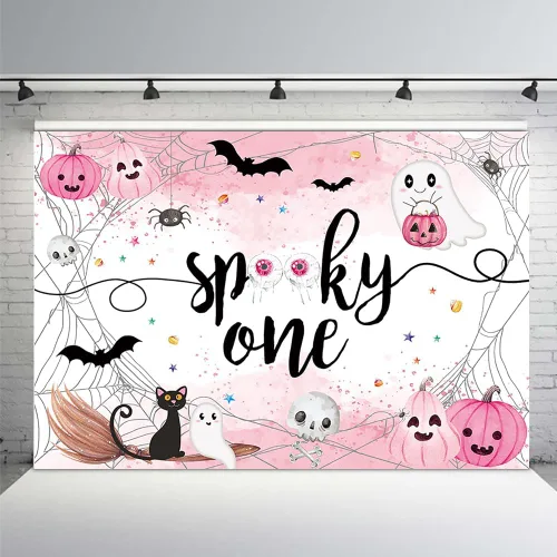 Vista 9 de MEHOFOND Fondo espeluznante de Halloween de 7 x 5 pies, fondo azul acuarela Little Boo Baby Shower para niños, telaraña de murciélago, calabaza