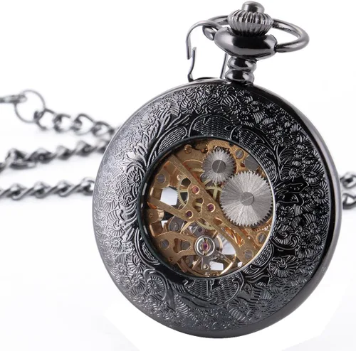 Vista 4 de SIBOSUN Reloj de bolsillo esqueleto especial 12 - Pequeño - Diseño de caja de ventana para hombre, color negro, mecánico con caja de cadena