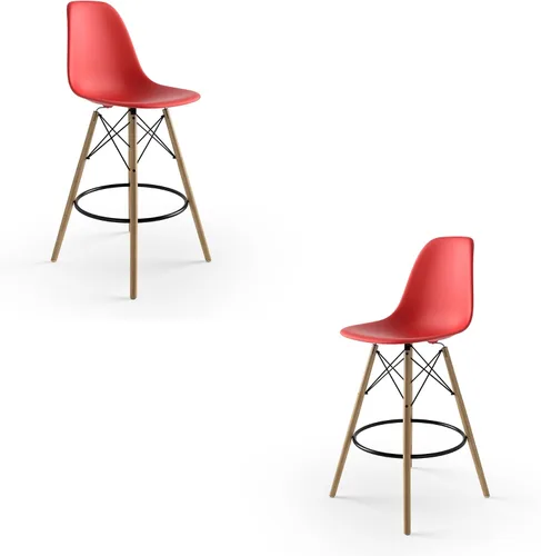 Vista 3 de Inmod Taburete de plástico moldeado con patas de madera, juego de 2, color rojo mate, taburetes de concha sin brazos DSW modernos de mediados