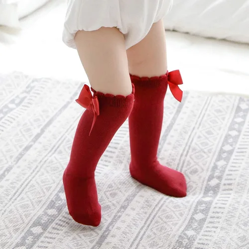 Vista 2 de Calcetines altos hasta la rodilla para bebés y niñas, con lazo, tubo con volantes, de algodón, calcetines largos para bebés y niños pequeños, 5 pares