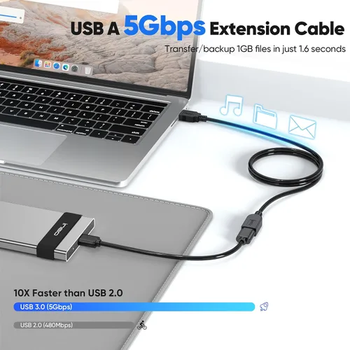 Vista 2 de Paquete de 2 cables de extensión USB 3.0, cable extensor USB 3.0 de transferencia de datos de 5 Gbps y carga rápida de 18 W, cables tipo A macho a