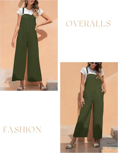 Vista 3 de Flygo Overol holgado casual para mujer, overol plisado de pierna ancha con pechera