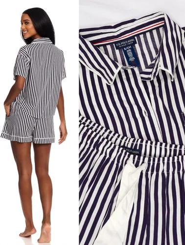 Vista 4 de U.S. Polo Assn. Pijama de verano para mujer, conjunto de camiseta de manga corta con botones y pantalones cortos de pijama, conjuntos de descanso