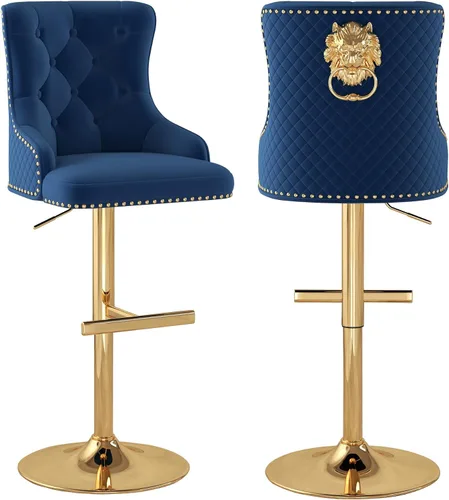 Vista 19 de Juego de 2 taburetes de bar de terciopelo, altura ajustable, base de metal dorado, beige Diseño de cabeza de clavo, función giratoria, ideal
