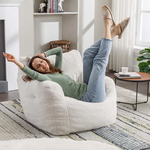 Vista 5 de Antetek Puf para adultos y niños, moderna silla decorativa de tela de peluche ultra suave para sala de estar, dormitorio, apartamento, marfil