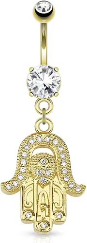 Vista 2 de PIERCE ME (2 unidades) Anillo de ombligo chapado en oro brillante Hamsa y circonita cúbica transparente Hamsa Amuleto colgante 14G, Acero aleado, N