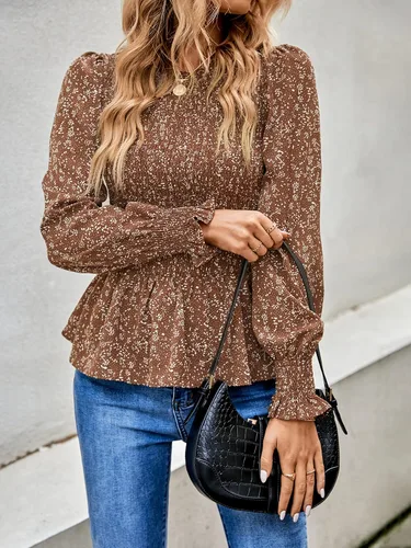 Vista 8 de PRETTYGARDEN Blusa casual de manga larga con cuello redondo y estampado floral dobladillo fruncido con volantes blusa tipo babydoll delgada