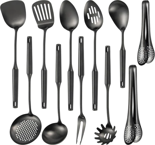 Vista 9 de Utensilios de cocina de acero inoxidable 304 con espátula, cuchara sólida, cucharón, espumadera, cuchara de espagueti, juego de 6 piezas, apto