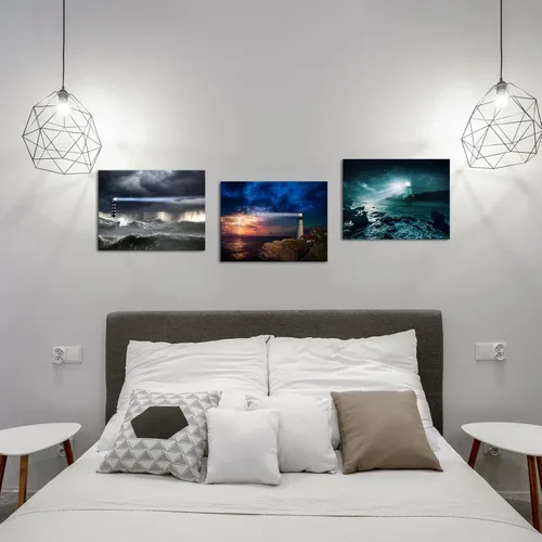 Vista 5 de Biuteawal Arte de pared de faro, pintura de tormenta, mar, océano, paisaje, naturaleza, relámpago, obras de arte en lienzo con vista de playa