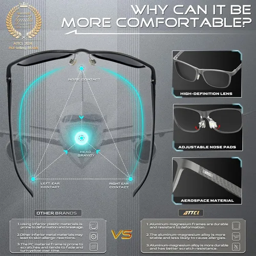 Vista 6 de ATTCL - Lentes de sol polarizados con marco de metal retro para hombre