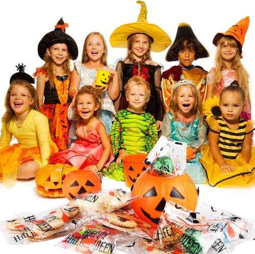 Vista 5 de 100 bolsas de golosinas de Halloween, bolsas transparentes autoadhesivas para caramelos, bolsas de plástico de celofán para galletas para recuerdos