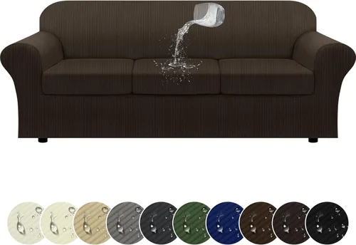 Vista 16 de Funda impermeable para silla con brazos, juego de 2 piezas, funda a rayas para 1 sofá separado con cojín en T, fundas de sillón de tela