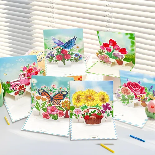 Vista 2 de LUSandy 8 paquetes de tarjetas de flores con pintura de diamantes 5D para adultos, tarjetas de felicitación 3D emergentes con tulipán, rosa