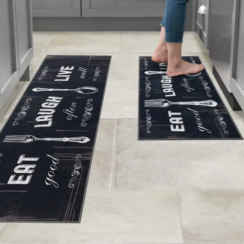 Vista 3 de Carvapet Juego de 2 alfombras de cocina con respaldo antideslizante, tapete para cocina, corredor de entrada, diseño de lema, negruzco/gris oscuro