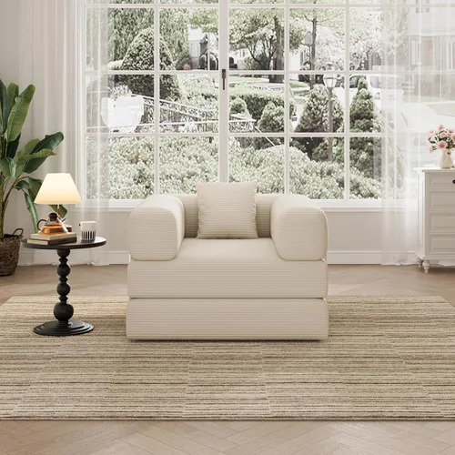 Vista 8 de Sofá individual para espacios pequeños, sofá convertible 2 en 1, cómodo puf para adultos con funda extraíble con almohadas para dormitorio, Beige
