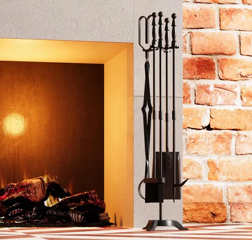 Vista 5 de Fire Beauty Juego de Herramientas para Chimenea de 5 Piezas de Hierro Forjado Juego de Herramientas para Chimenea de Exterior/Interior Juego