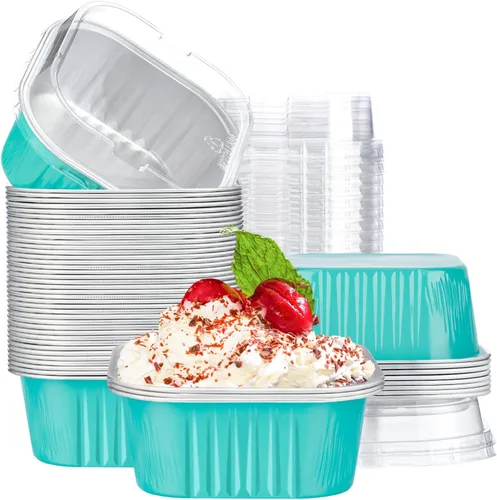 Vista 23 de EUSOAR - Moldes para pastel con tapas, 50 unidades de 300 ml/10 oz, moldes cuadrados desechables para cupcakes, recipientes de papel de aluminio