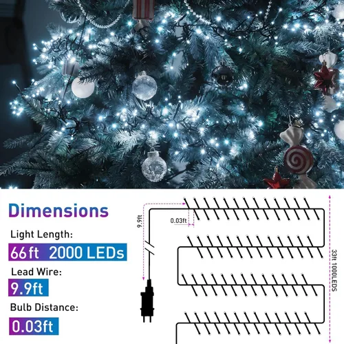 Vista 2 de Quntis Luces de árbol de Navidad en racimo, 1000 LED, impermeables, para exteriores, 33 pies, luces de racimo de petardo de Navidad parpadeantes, 8