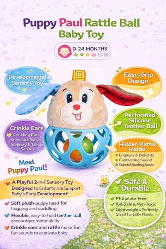 Vista 3 de Balibazoo Puppy Paul Rattle Ball - Juguete sensorial de felpa suave con orejas arrugadas, bola de silicona perforada y sonajero, diseño de fácil