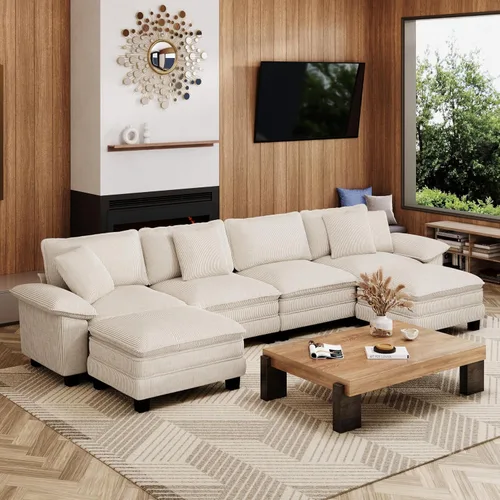 Vista 17 de Sofá seccional en forma de U de 123 pulgadas con cojines tipo nube, juego de sofá modular de asiento profundo con 5 asientos y 2 otomanos, brazos