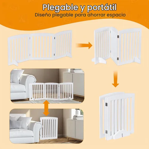 Vista 7 de ZENY Puerta para mascotas de 24 pulgadas, puerta plegable independiente para perros de 3 paneles, forma en Z, color blanco, valla de madera