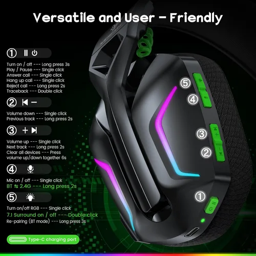 Vista 9 de WESEARY 7.1 Wireless Gaming Headset with Microphone for PS4, PS5, PC, Switch, Mac, 2.4GHz Bluetooth Gaming Headphones with Crystal-Clear Mic, 50Hr