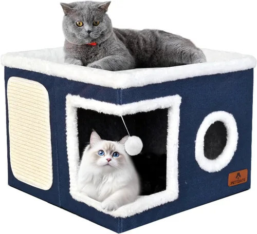 Vista 10 de Casa de Gato de 2 Pisos para Gatos de Interior, Cama de Cueva de Gato de Dos Propósitos con Almohadilla para Arañar y Bola Esponjosa, Escondite