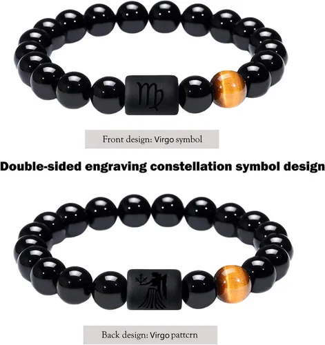 Vista 2 de Jade cabbage Pulsera del zodiaco para pareja de 0.315in 0.394in, pulsera de cuentas de piedra de ónix negro natural para hombres y mujeres, signo