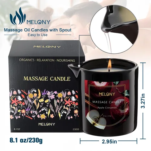 Vista 3 de MELONY Vela de masaje de lujo, hidratante, velas de aceite corporal para relajación muscular, spa en casa, 8.1 onzas (canela de manzana) Vela