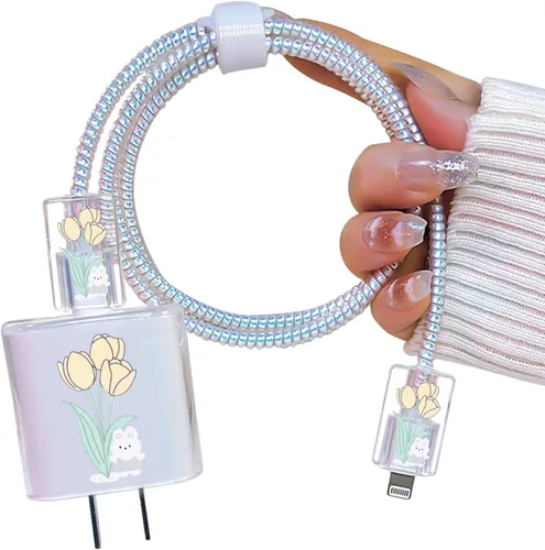 Vista 13 de Lindo protector de cable para cargador adaptador de iPhone, diseño de flores de crisantemo rojo, cable de datos de TPU suave, funda USB-C