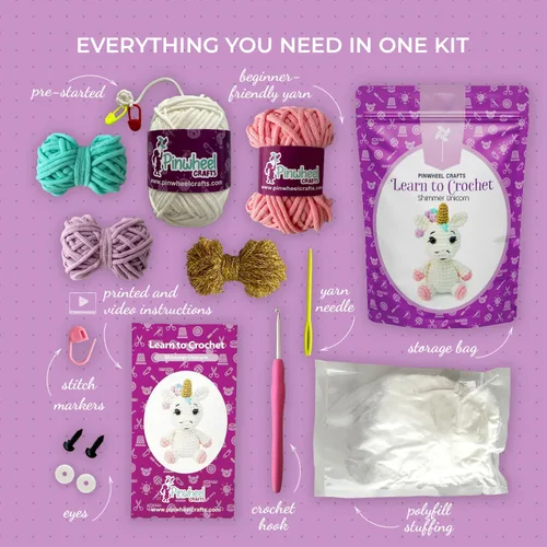Vista 2 de Pinwheel Crafts Kit de ganchillo fácil para principiantes y niños a partir de 12 años, kit de unicornio amigurumi brillante para niños con hilo más