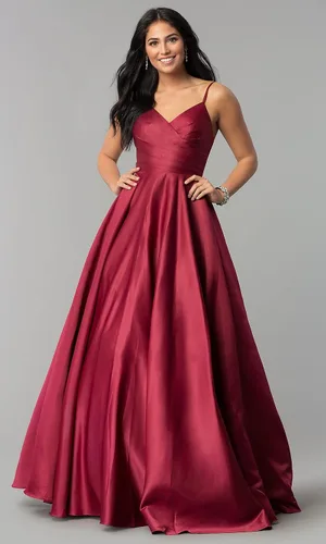 Vista 4 de Vestidos de fiesta con cuello en V para mujer, vestido largo de fiesta de satén fruncido, vestido de noche con bolsillos CM139