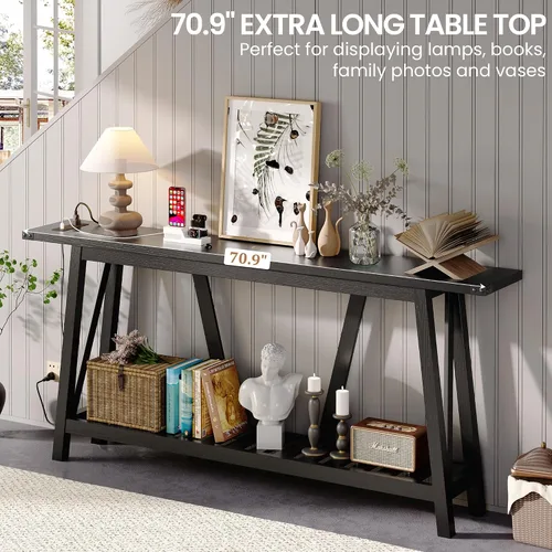 Vista 5 de Mesa de sofá extra larga de 70 pulgadas detrás del sofá, mesa de entrada industrial de 2 niveles, mesa consola de entrada estrecha con Negro