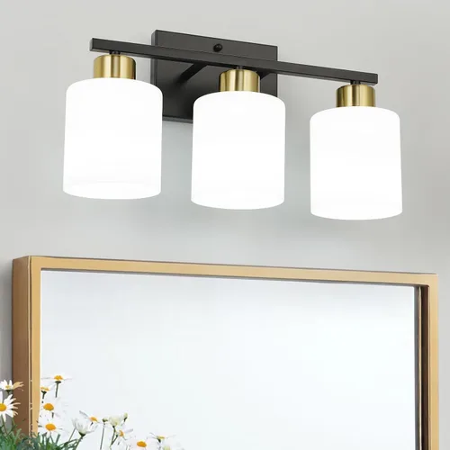 Vista 8 de WILON 2 luces doradas cepilladas, accesorios de iluminación de tocador de baño con pantallas de vidrio esmerilado blanco leche, modernas luces