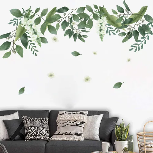 Vista 5 de Calcomanías de pared de hojas verdes colgantes, hojas de plantas frescas extraíbles, flores y vides, mural de pared de plantas verdes, hojas verdes