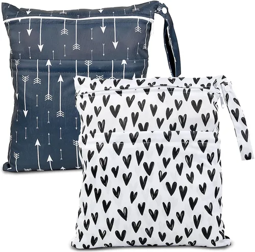 Vista 12 de 2 bolsas de tela para pañales húmedos y secos, impermeables, reutilizables, con dos bolsillos con cremallera, para viajes, playa, piscina Negro