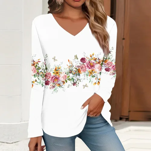 Vista 2 de Womens Long Sleeve Tops Fall Winter Fashion Print Daily Basic T Shirt Tee Casual V Neck Tops
