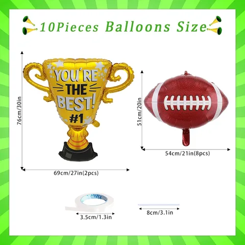 Vista 2 de Juego de 10 globos de fútbol, bola de rugby, trofeos, globos de papel de aluminio, decoraciones de fiesta de fútbol para portón trasero, celebración