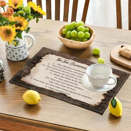 Vista 2 de Juego de 4 manteles individuales de los 10 mandamientos, manteles religiosos de los 10 mandamientos lavables de doble cara para cocina, comedor
