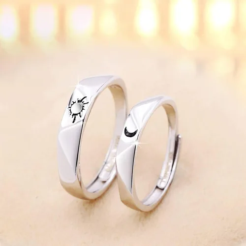 Vista 3 de Beydodo Anillos de plata 925 personalizados ajustables con sol y luna a juego grabados I LOVE YOU Anillos para parejas Anillos de boda