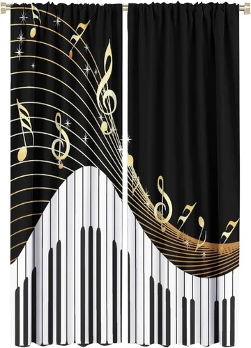 Vista 14 de Cortinas de notas musicales, blanco y negro, instrumento musical, canción, arte de canción, opacas, para ventana, dormitorio, sala de estar