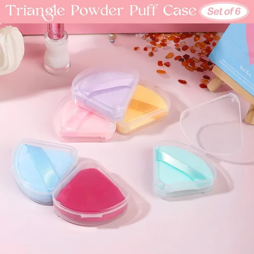 Vista 2 de Juego de 6 estuches para soplo de polvo, soporte para licuadora de belleza de viaje, caja de almacenamiento de soplo de polvo triangular portátil