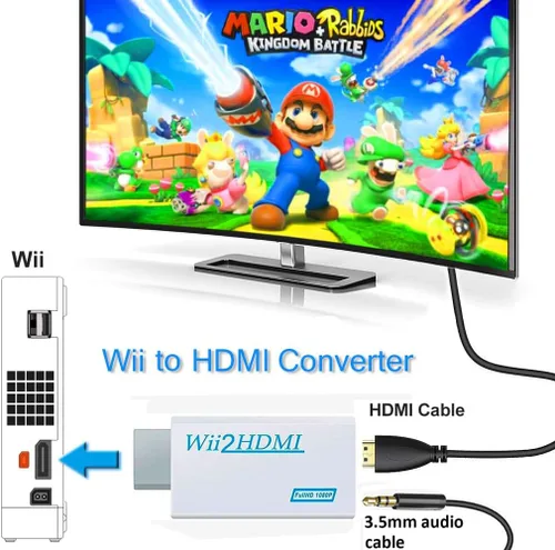 Vista 2 de Convertidor Wii a HDMI, Wii2 a HDMI para salida de audio de video HD con conector de audio de 0.138 in, compatible con todos los modos