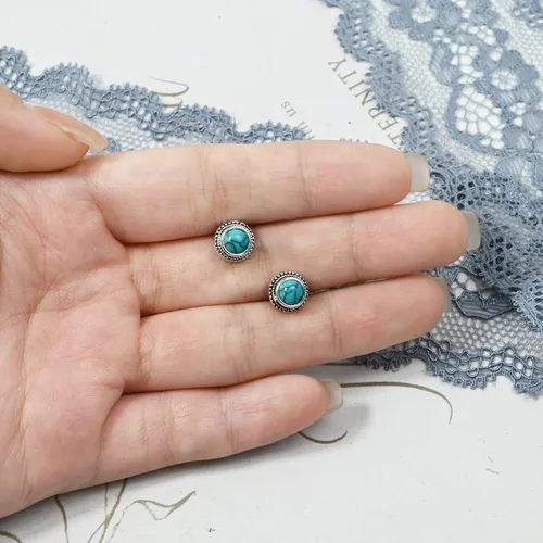 Vista 18 de Tibetan Turquoise Earrings 925 Sterling Silver Post Stud Boho Gemstone Hypoallergenic Handmade Earrings for Women Trendy Fashion