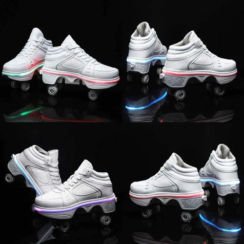 Vista 12 de Patines de ruedas para mujeres y hombres al aire libre, zapatos de parkour 2 en 1 con ruedas para niñas/niños, zapatos retráctiles de doble fila